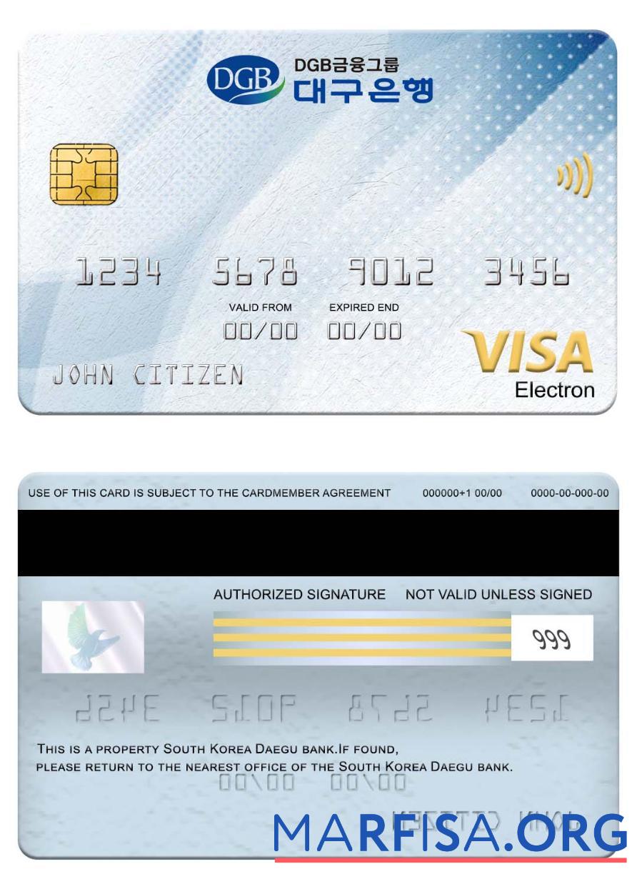 Realistic South Korea Daegu bank visa electron card sample